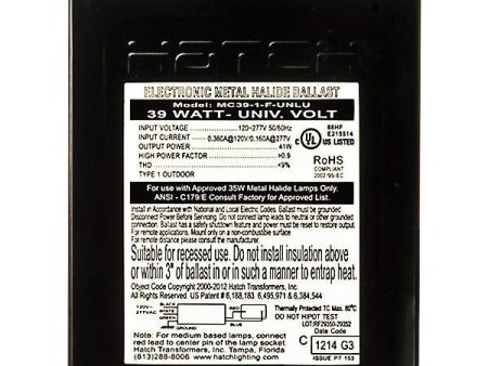 Hatch MC39-1-F-UNLU - 39 Watt - Electronic Metal Halide Ballast on Sale